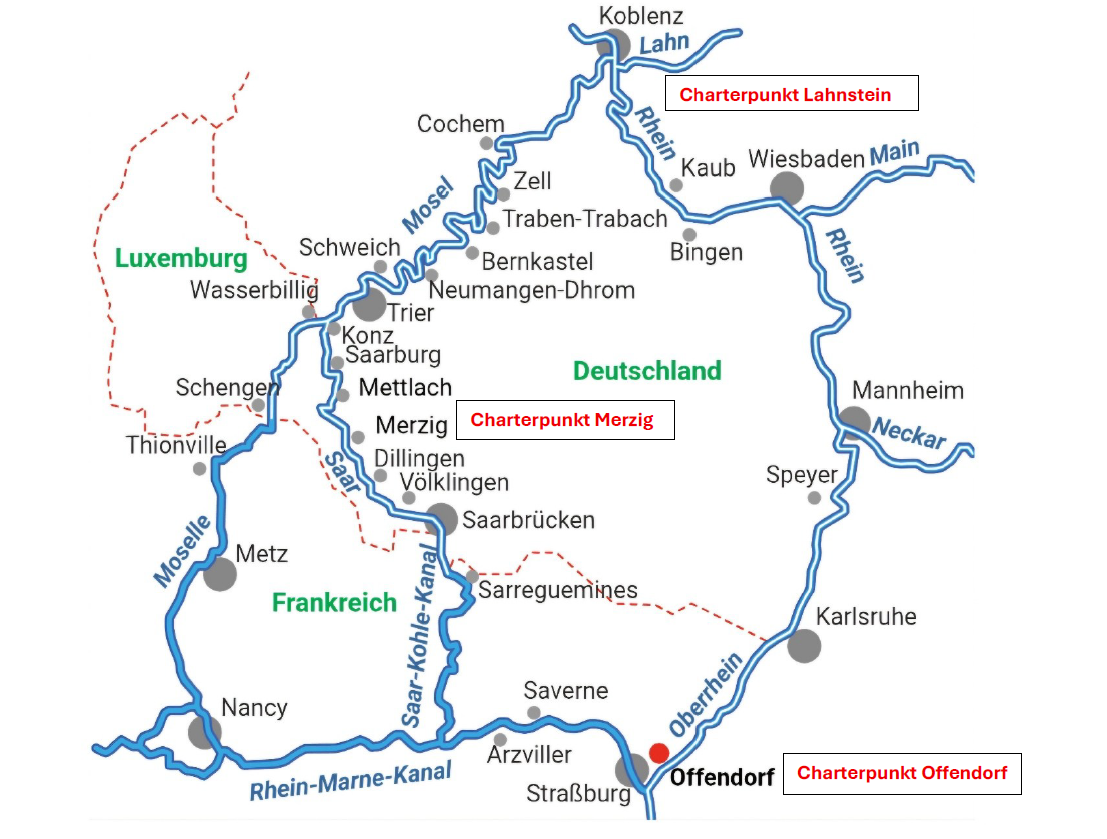 Karte zeigt die Flüsse Rhein, Mosel, Saar, den Rhein-Marne-Kanal, den Saarkanal und in Ansätzen die Lahn, den Neckar und den Main sowie die wichtigsten Städte und Charterpunkte entlang der Flüsse