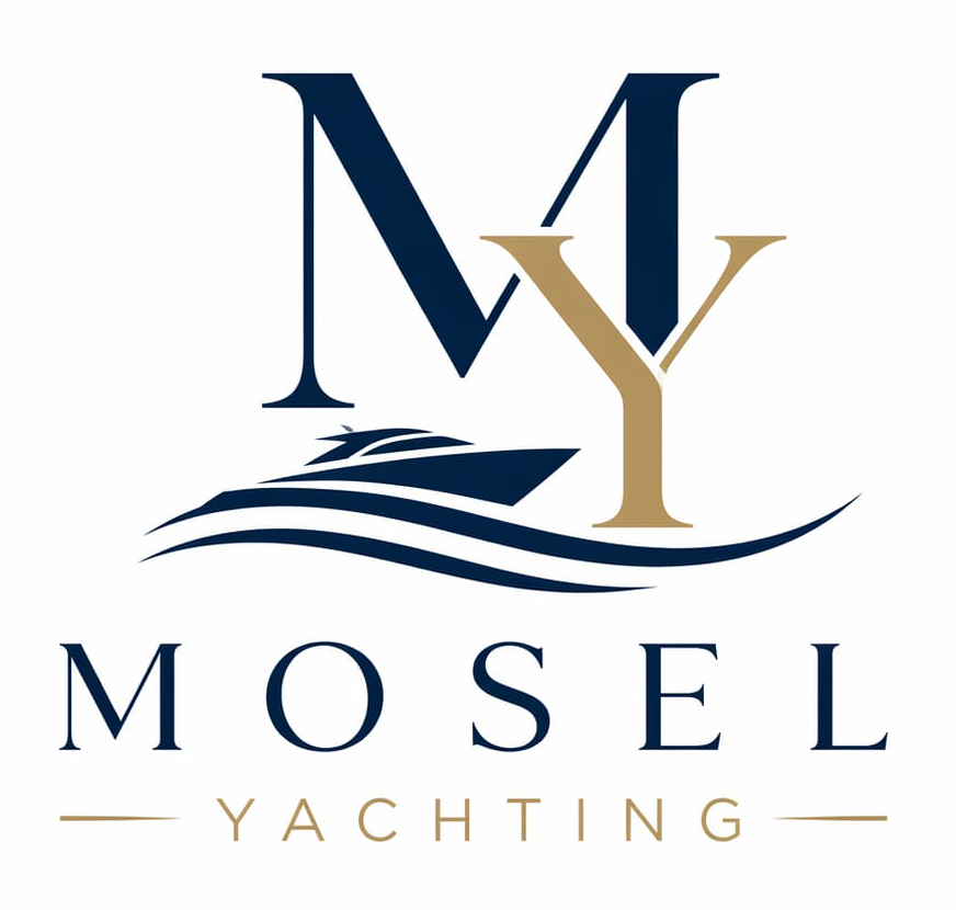 Logo des Unternehmens Mosel Yachting in den Farben Blau und Goldfarben